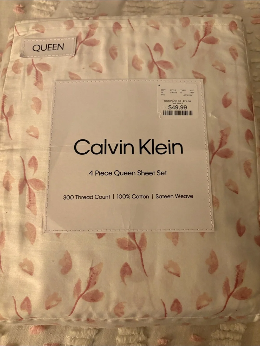 Calvin Klein Petal-Print Queen Sheet Set in Light Pink on White